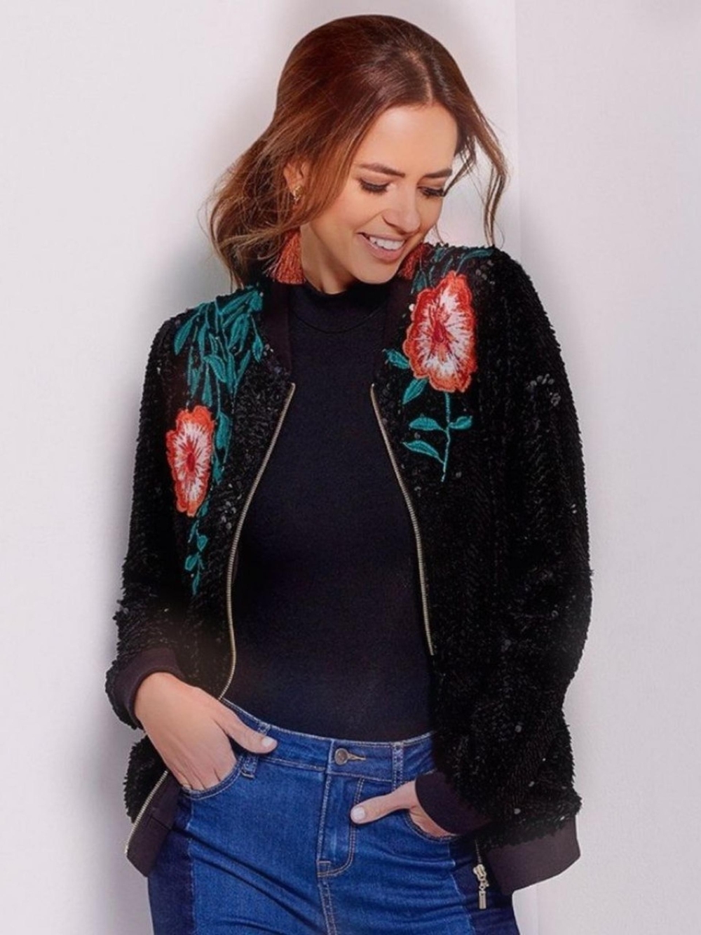 Black Sequin Embroidered Floral Bomber Jacket
